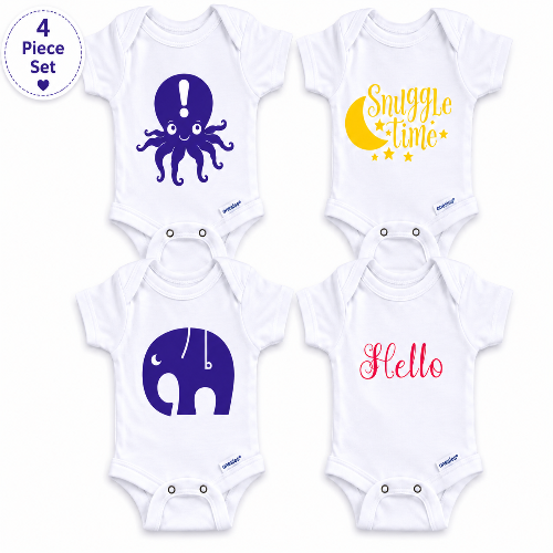 4-piece newborn baby onesie gift set with soft cotton bodysuits featuring octopus, elephant, snuggle, and hello baby designs.