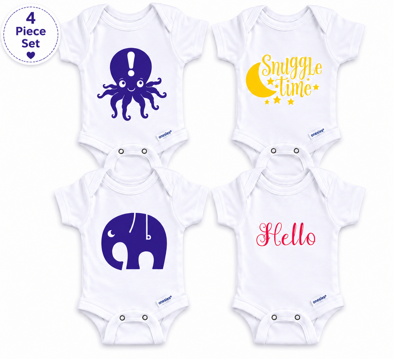 4-piece newborn baby onesie gift set with soft cotton bodysuits featuring octopus, elephant, snuggle, and hello baby designs.