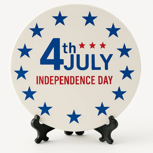 Patriotic 4th of July coaster featuring red white and blue stars with Independence Day typography on a durable round drink coaster.
