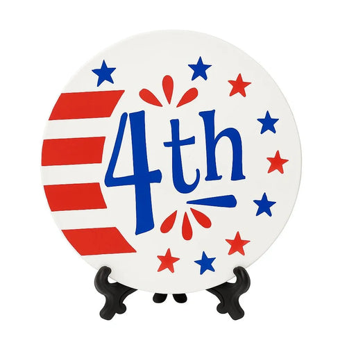 Round 4th of July patriotic coaster with red white and blue stars and stripes design, festive Independence Day table décor for summer parties, American holiday drink coaster, patriotic coffee table accessory, USA themed home decoration, Fourth of July celebration décor, decorative tabletop coaster for BBQ gatherings, patriotic farmhouse style accent, holiday party décor, Memorial Day and Independence Day gift idea.