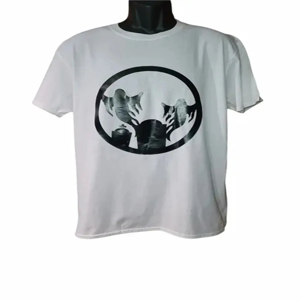 White short sleeve graphic t-shirt with monochrome abstract circle artwork, minimalist unisex casual streetwear tee by LB AND SK DESIGN SHOP