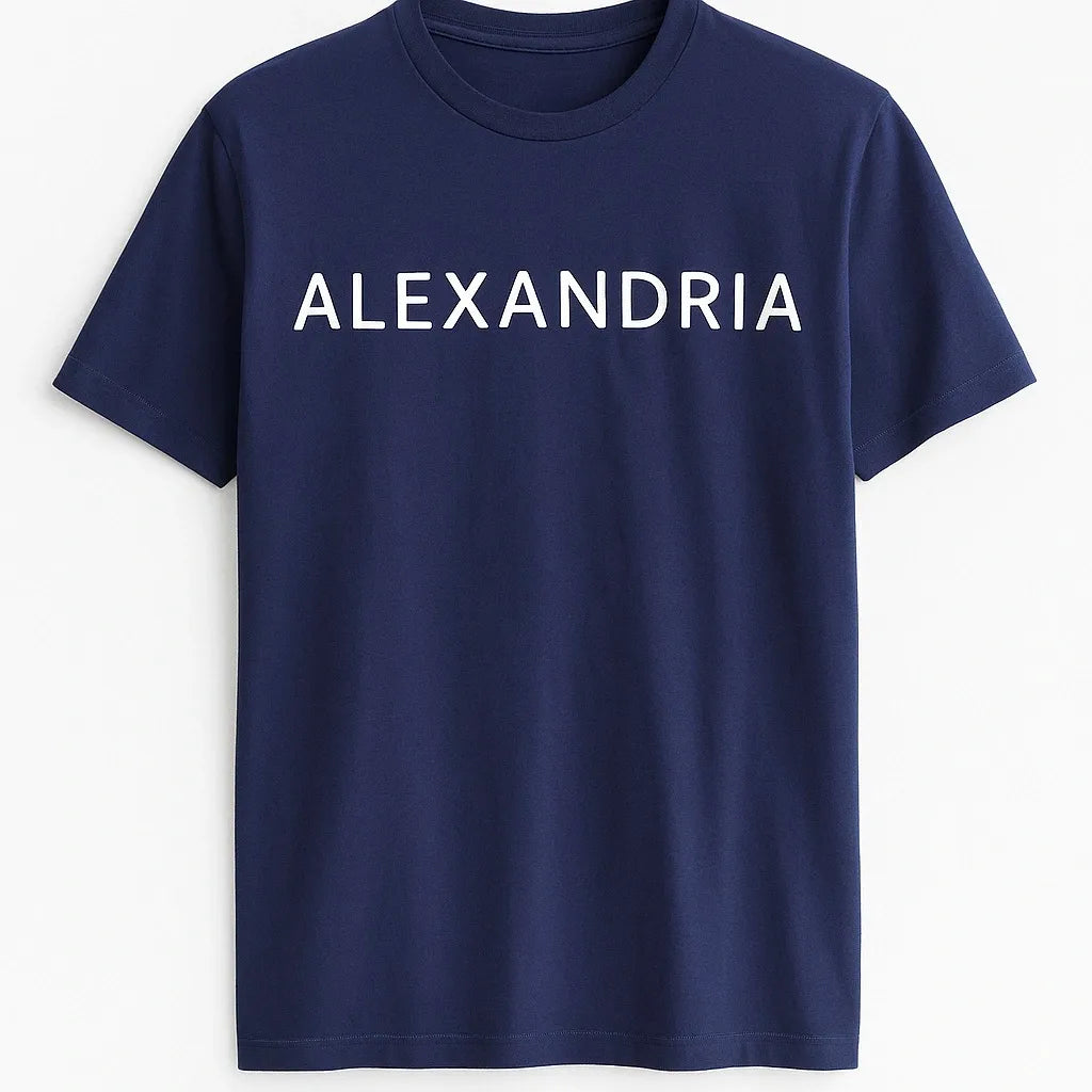 Navy blue graphic t-shirt with white Alexandria text, minimalist city name short sleeve tee for everyday wear