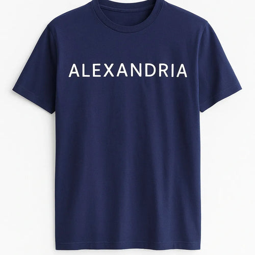 Navy graphic t-shirt featuring the word Alexandria in a clean minimalist design. City pride shirt perfect for travelers, locals, souvenir gifts, casual wear, tourism, and everyday fashion.