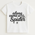 White Along Came a Spider graphic t-shirt with playful black spider typography design, unisex casual short sleeve statement tee for Halloween outfits, spooky season fashion, everyday streetwear, and fun graphic apparel