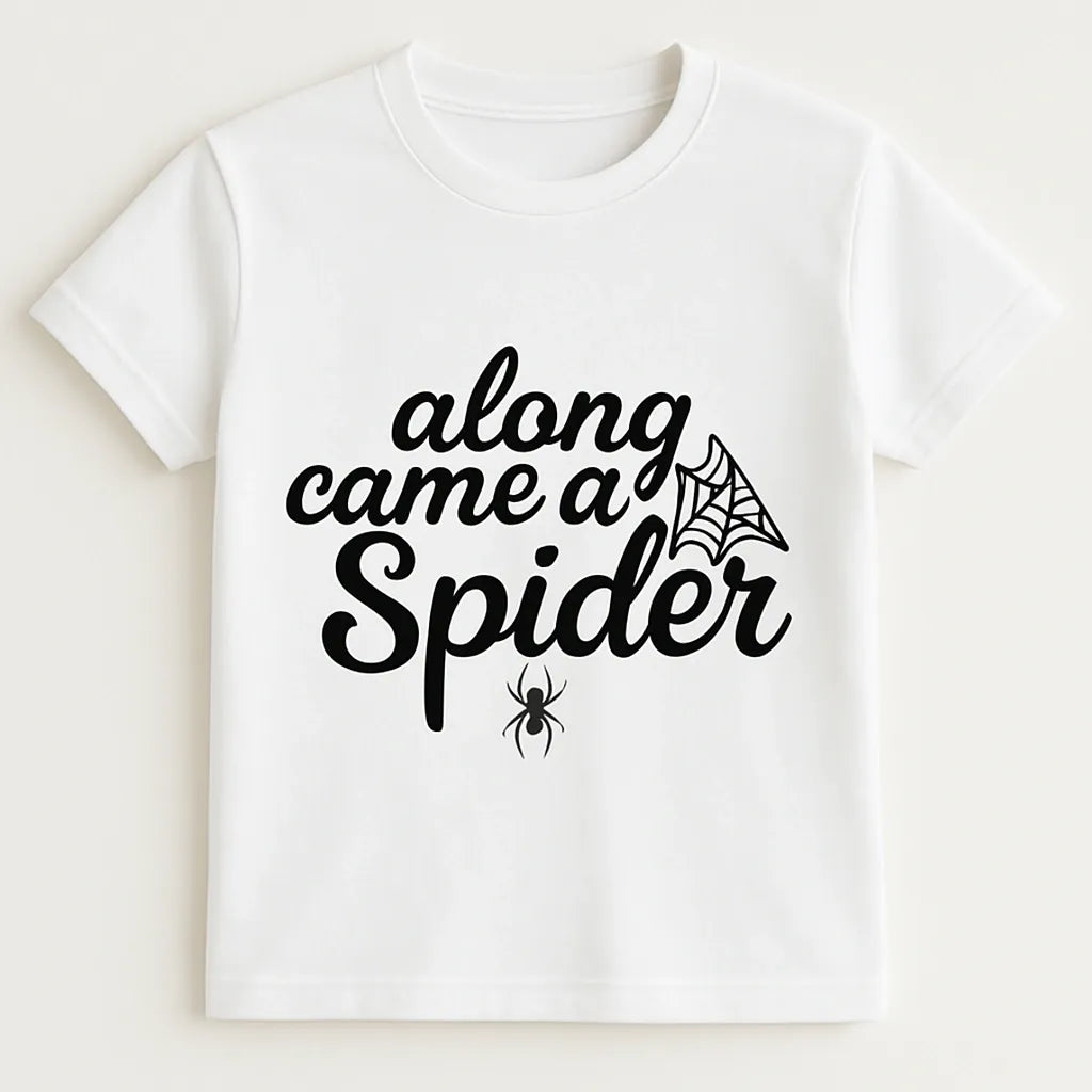 White Along Came a Spider graphic t-shirt with playful black spider typography design, unisex casual short sleeve statement tee for Halloween outfits, spooky season fashion, everyday streetwear, and fun graphic apparel