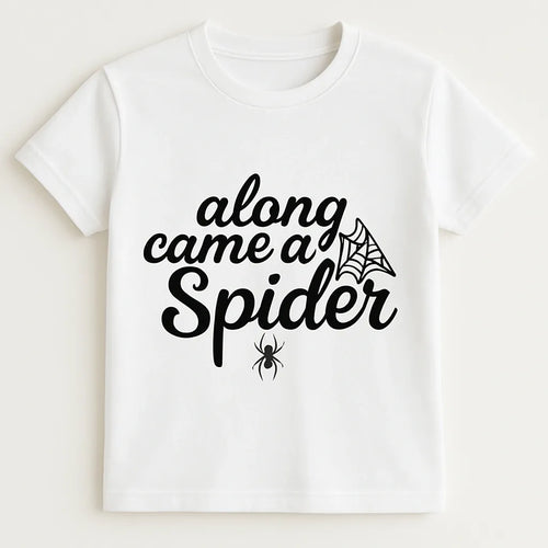 White Along Came a Spider graphic T-shirt featuring decorative typography and a playful spider illustration for casual wear and Halloween-inspired fashion.