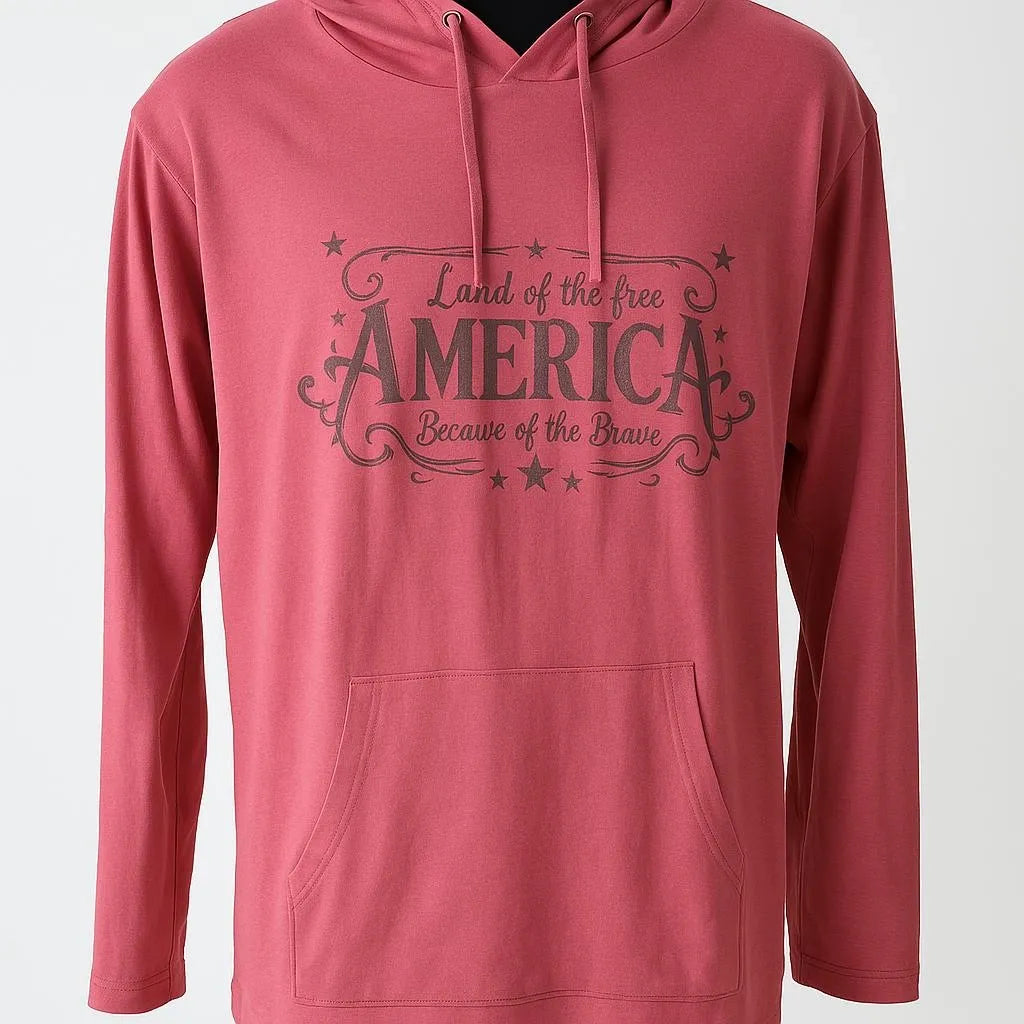 Red America graphic pullover hoodie with patriotic vintage typography design, soft unisex long sleeve hoodie for casual everyday wear and American inspired streetwear style by LB AND SK DESIGN SHOP