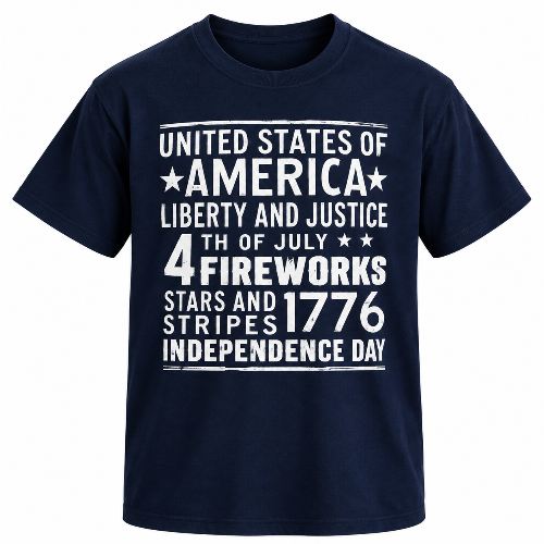 Navy America graphic T-shirt with white United States, 4th of July 1776, stars and Independence Day lettering.