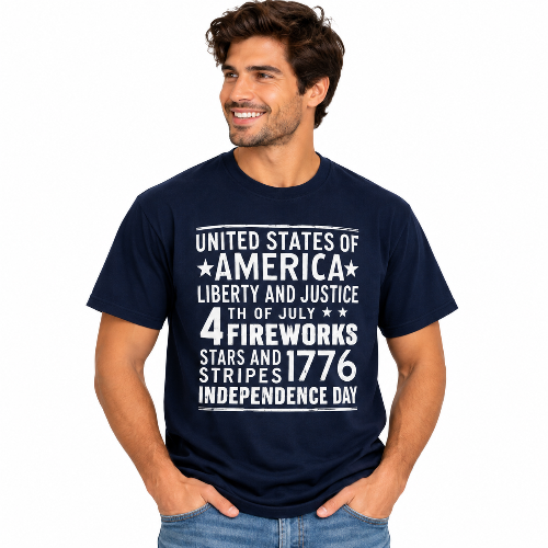 Man wearing a navy America Independence Day graphic T-shirt with white patriotic lettering and stars.