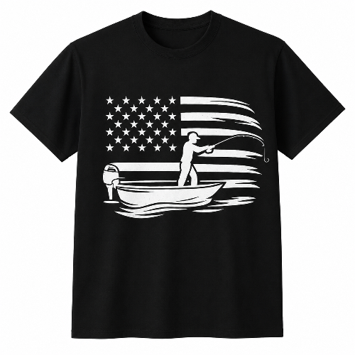 A black short-sleeve crewneck t-shirt featuring a white graphic print of a person fishing on a boat against a stylized American flag background.