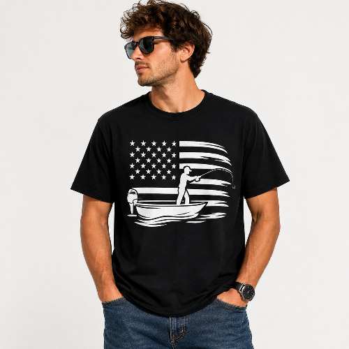 A man wearing a black short-sleeve t-shirt with a white graphic of a fishing scene over an American flag, paired with blue jeans and sunglasses, against a plain light background.