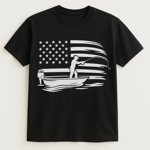 Black fishing graphic t-shirt featuring a fisherman casting from a boat layered over a distressed American flag design. Patriotic fishing shirt for anglers, fishermen, outdoor enthusiasts, lake trips, boating adventures, and everyday casual wear.