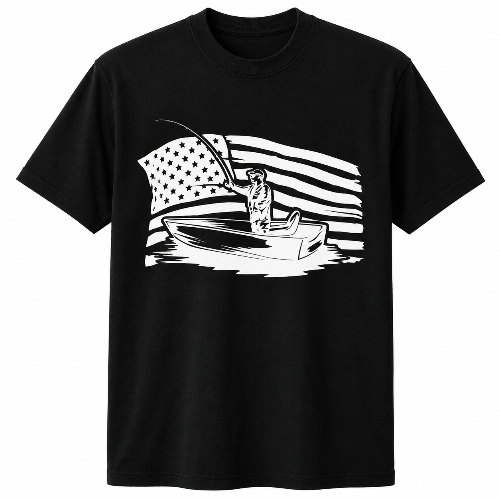 A black short-sleeve crewneck t-shirt featuring a white graphic print of a fisherman in a boat in front of a stylized American flag.
