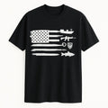 Black graphic short sleeve t shirt featuring a distressed American flag design with a bold patriotic style for everyday wear and celebrations.