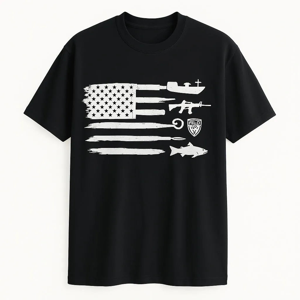 Black short sleeve graphic t-shirt with distressed American flag and rifle design, patriotic streetwear tee for men and women by LB AND SK DESIGN SHOP