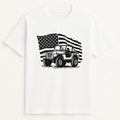 White graphic t-shirt featuring a classic pickup truck with an American flag design. Patriotic USA truck shirt perfect for truck enthusiasts, country lifestyle lovers, patriotic celebrations, outdoor events, and everyday casual wear.