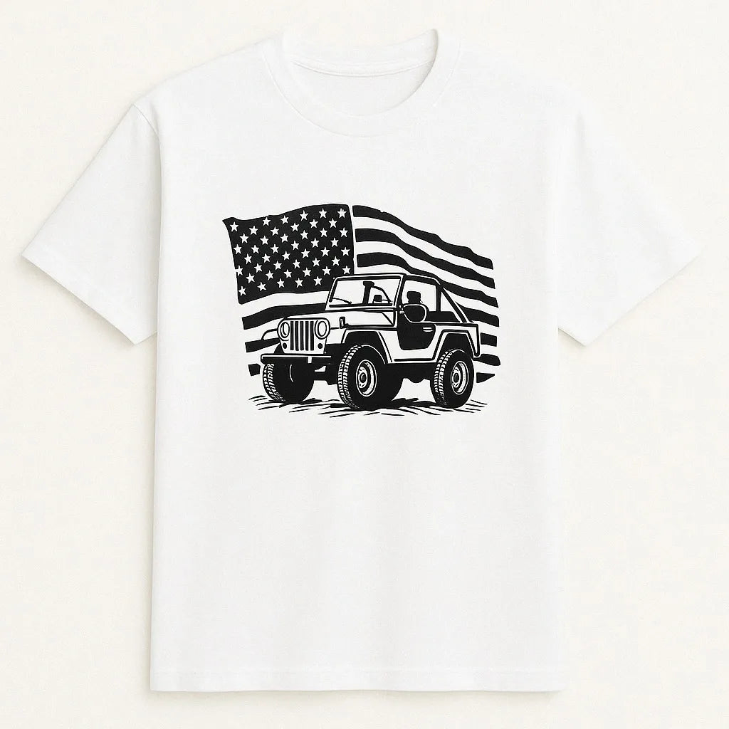White graphic t-shirt featuring a classic pickup truck with an American flag design. Patriotic USA truck shirt perfect for truck enthusiasts, country lifestyle lovers, patriotic celebrations, outdoor events, and everyday casual wear.