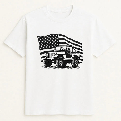 White graphic t-shirt featuring a classic pickup truck with an American flag design. Patriotic USA truck shirt perfect for truck enthusiasts, country lifestyle lovers, patriotic celebrations, outdoor events, and everyday casual wear.