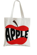 White reusable tote bag with bold red apple graphic and black “APPLE” text design. Stylish modern tote perfect for teachers, students, shopping, school, work, errands, and everyday carry use.