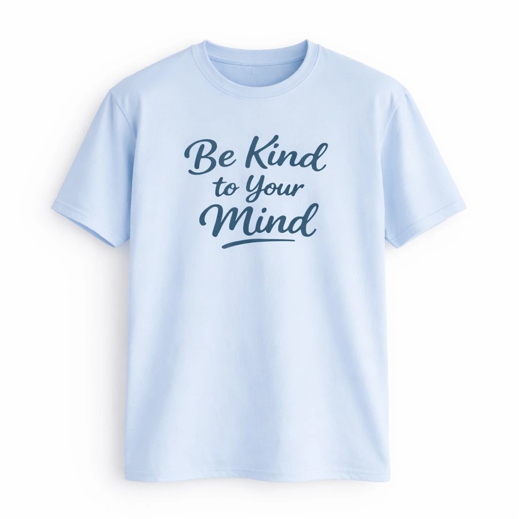 Light blue unisex graphic T shirt featuring the phrase Be Kind to Your Mind in elegant script lettering with a clean minimalist typography design.
