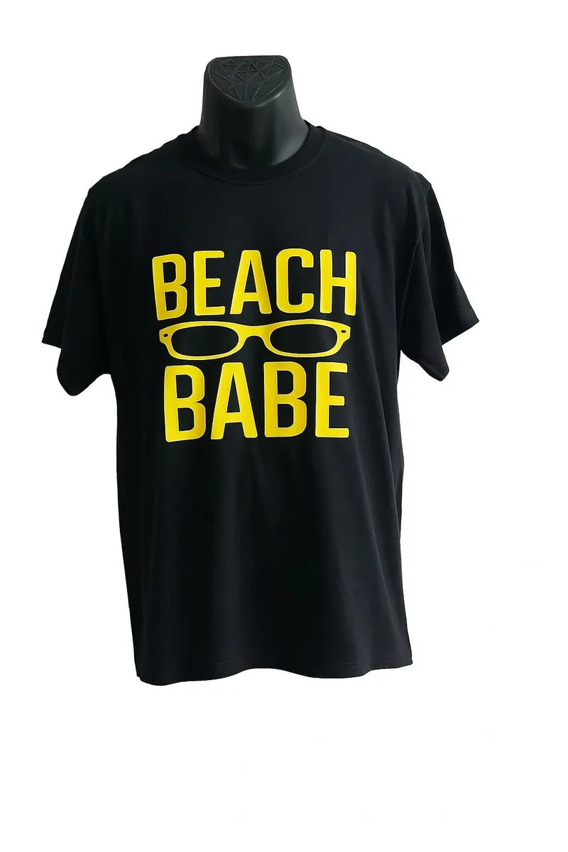 Black t-shirt with 'Beach Babe' text and sunglasses graphic on a mannequin against a white background