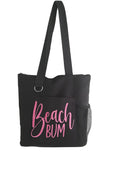 Black tote bag featuring pink Beach Bum text on the front. Lightweight reusable shoulder tote with long handles for comfortable carrying. Perfect for beach days, vacations, shopping, travel, poolside outings, weekend getaways, and everyday use. Stylish summer-inspired tote bag with a fun coastal design that stands out against the black background. Ideal for beach lovers, travelers, vacation enthusiasts, and anyone who enjoys relaxed seaside style.
