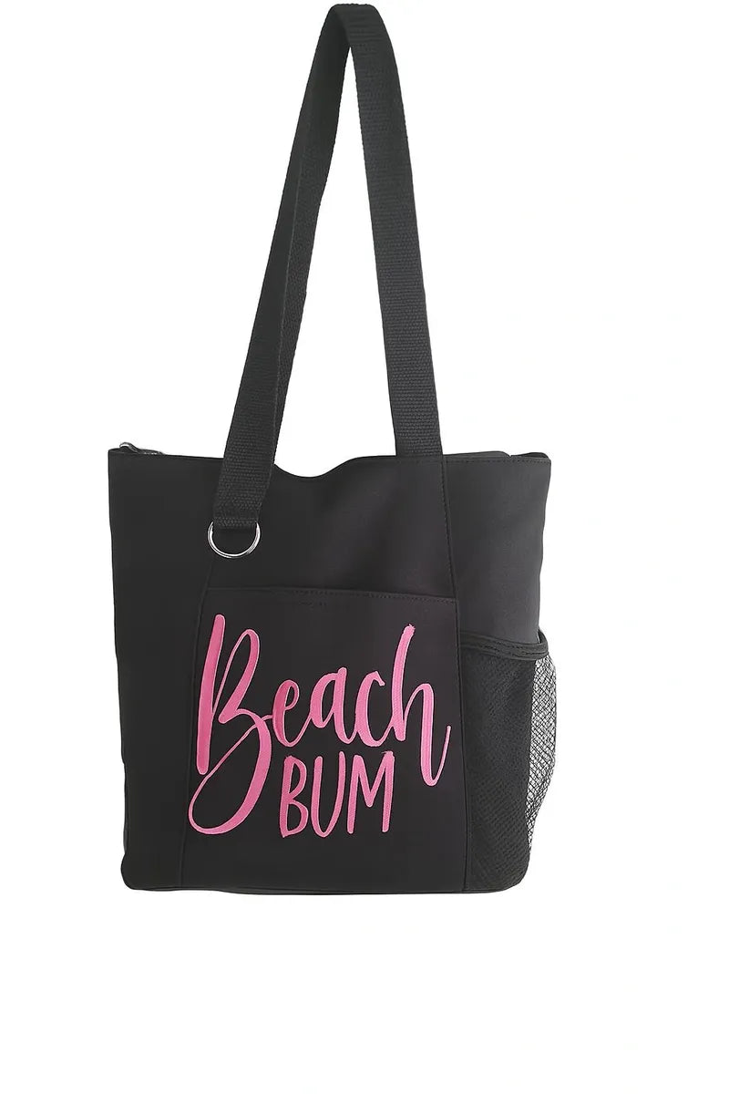 Black tote bag with pink beach bum text design, reusable fabric tote bag for beach days, summer outings, shopping, and everyday use