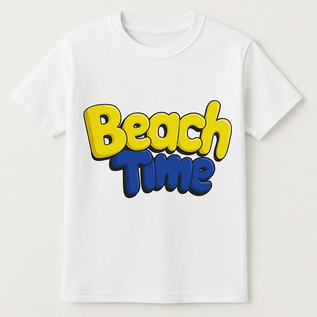 White Beach Time graphic t-shirt with yellow and blue retro summer lettering, unisex casual short sleeve tee for beach trips, vacations, summer outfits, tropical travel, and everyday warm weather fashion