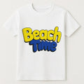 White Beach Time graphic T-shirt featuring bold yellow-and-blue summer lettering for beach vacations, tropical travel, and casual warm-weather wear.