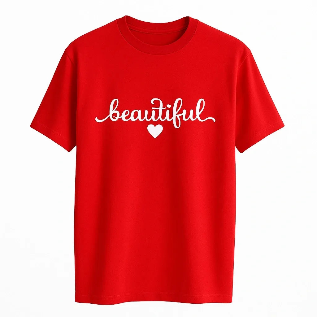 Red graphic T shirt featuring the word Beautiful in elegant white script lettering on a comfortable casual women's short sleeve tee.