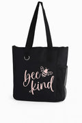Black tote bag featuring the phrase "Bee Kind" with a bee illustration. Inspirational reusable tote bag perfect for shopping, work, school, travel, books, groceries, and everyday essentials. Lightweight and durable shoulder bag designed to spread kindness, positivity, and encouragement through a simple nature-inspired design.