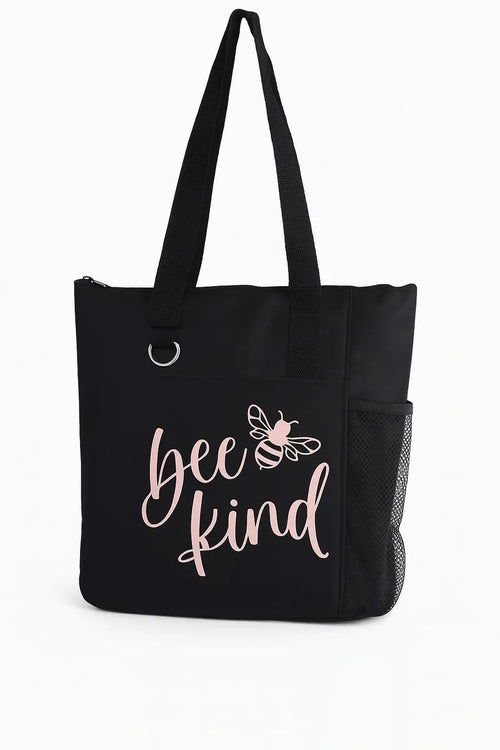 Black tote bag featuring the phrase "Bee Kind" with a bee illustration. Inspirational reusable tote bag perfect for shopping, work, school, travel, books, groceries, and everyday essentials. Lightweight and durable shoulder bag designed to spread kindness, positivity, and encouragement through a simple nature-inspired design.