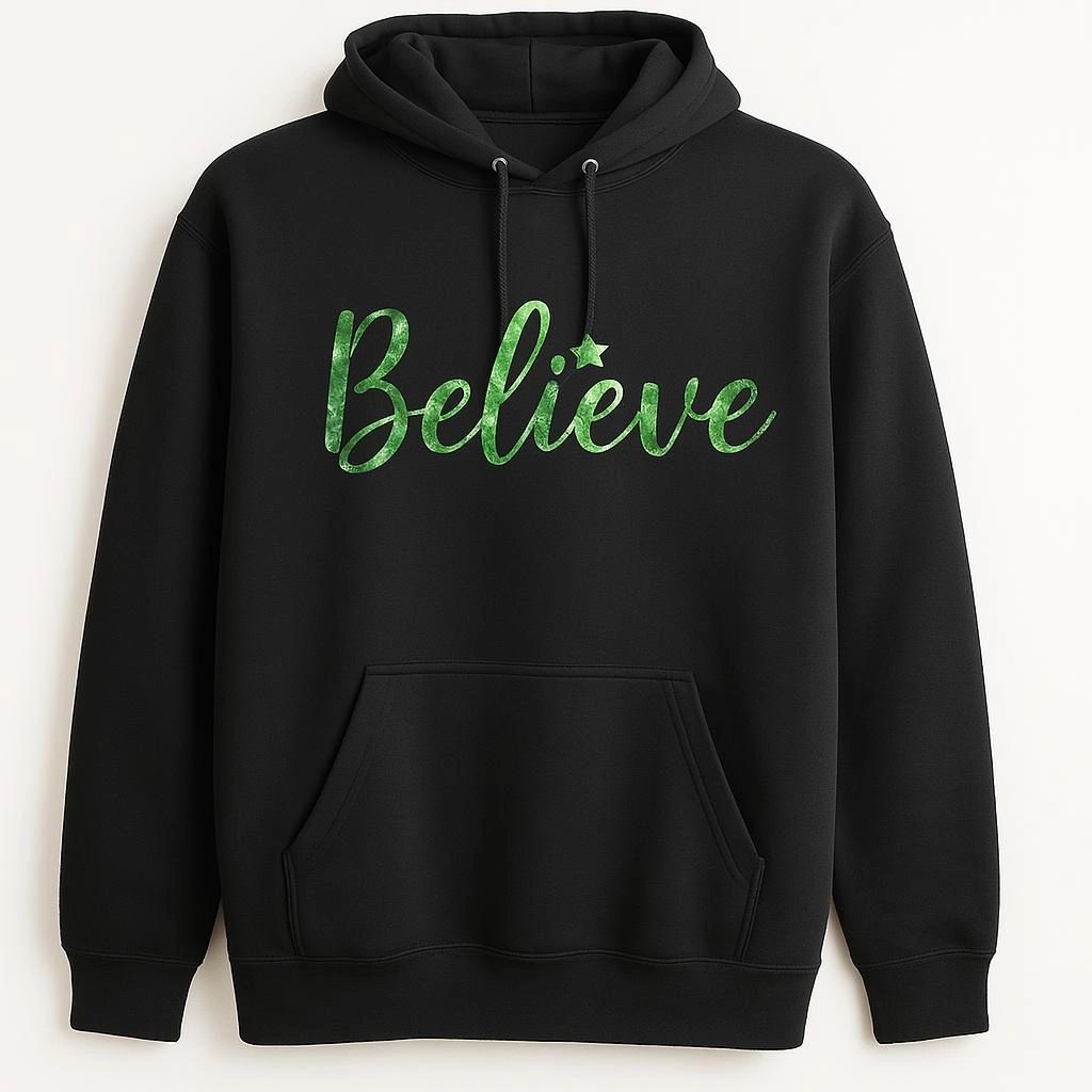 Black unisex hoodie featuring a green "Believe in Yourself" script typography graphic on the front for a clean motivational style.