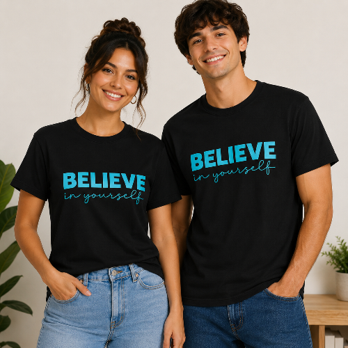 Male and female models wearing matching black unisex Believe in Yourself graphic T-shirts with turquoise motivational lettering.