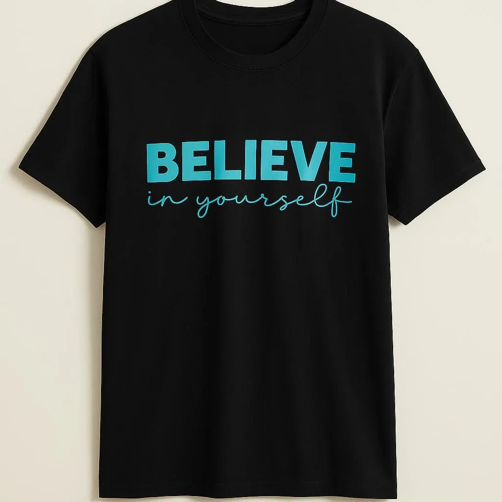 Black graphic t-shirt featuring the uplifting phrase "Believe in Yourself" in bold blue typography. Inspirational unisex shirt designed to promote confidence, motivation, self-belief, positivity, encouragement, and everyday comfort.
