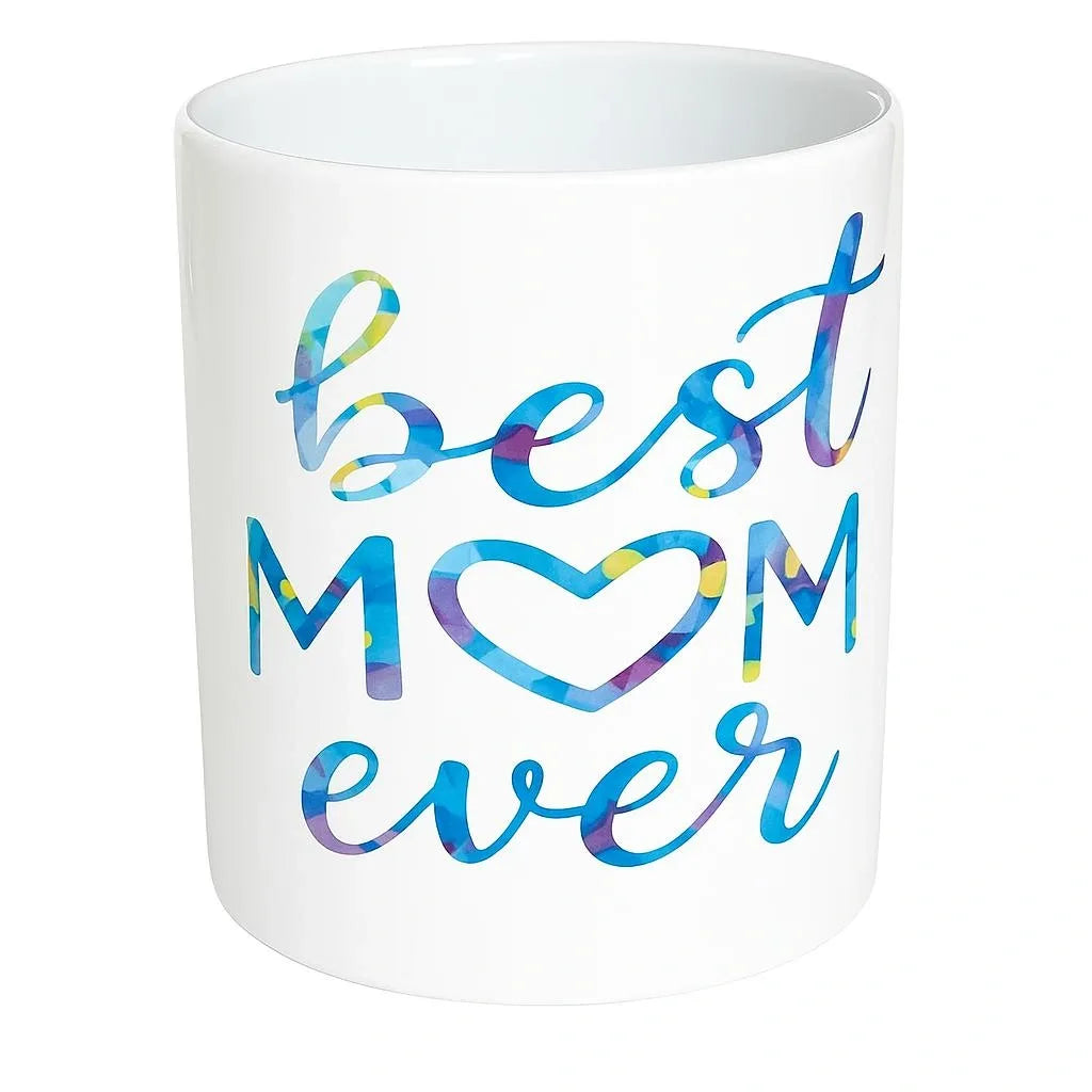White ceramic mug featuring the phrase "Best Mom Ever" in soft blue and teal lettering. Thoughtful coffee mug gift for moms, Mother's Day, birthdays, Christmas, baby showers, and everyday appreciation. Perfect for coffee, tea, hot cocoa, and daily use.