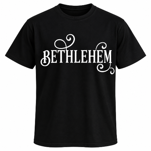 Black Bethlehem graphic T-shirt with white decorative lettering and scroll design.