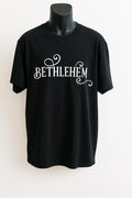 Black graphic t-shirt featuring a Bethlehem typography design in white lettering, stylish unisex city-inspired graphic tee for everyday wear.