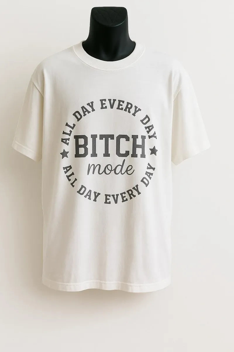 White t-shirt with black text on a mannequin against a white background