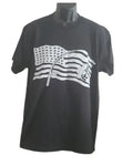 Black American Flag Graphic T-Shirt featuring a bold distressed white American flag design on a black shirt. Patriotic USA pride tee perfect for Independence Day, Veterans Day, Memorial Day, military families, patriotic events, casual wear, and everyday American pride.