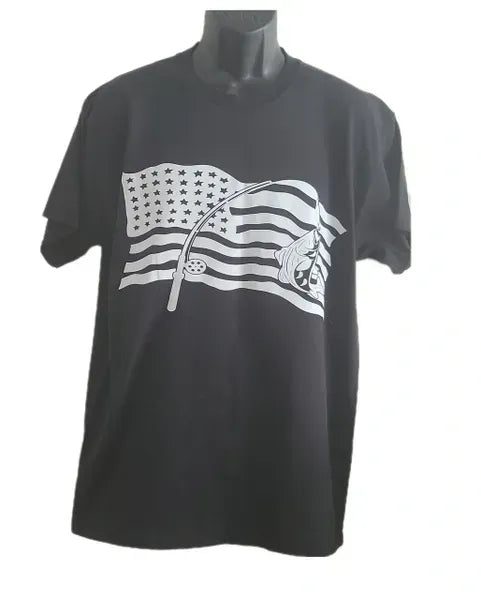 Black American Flag Graphic T-Shirt featuring a bold distressed white American flag design on a black shirt. Patriotic USA pride tee perfect for Independence Day, Veterans Day, Memorial Day, military families, patriotic events, casual wear, and everyday American pride.