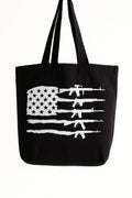 Black cotton tote bag with distressed white American flag rifle graphic design, reusable patriotic shoulder tote for shopping, travel, work, daily errands, and everyday carry with bold USA inspired artwork