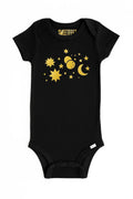 Black baby bodysuit with yellow sun graphic, cute sunshine infant romper, short sleeve cotton newborn one piece, unisex baby outfit, summer baby clothing gift