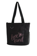 Black tote bag featuring a pink Be Kind inspirational quote design. Reusable shoulder tote bag for shopping, work, school, travel, books, groceries, and everyday errands. Lightweight and durable carryall with comfortable handles, positive message, and minimalist style. Great gift for teachers, students, friends, moms, and anyone who loves kindness and encouragement.