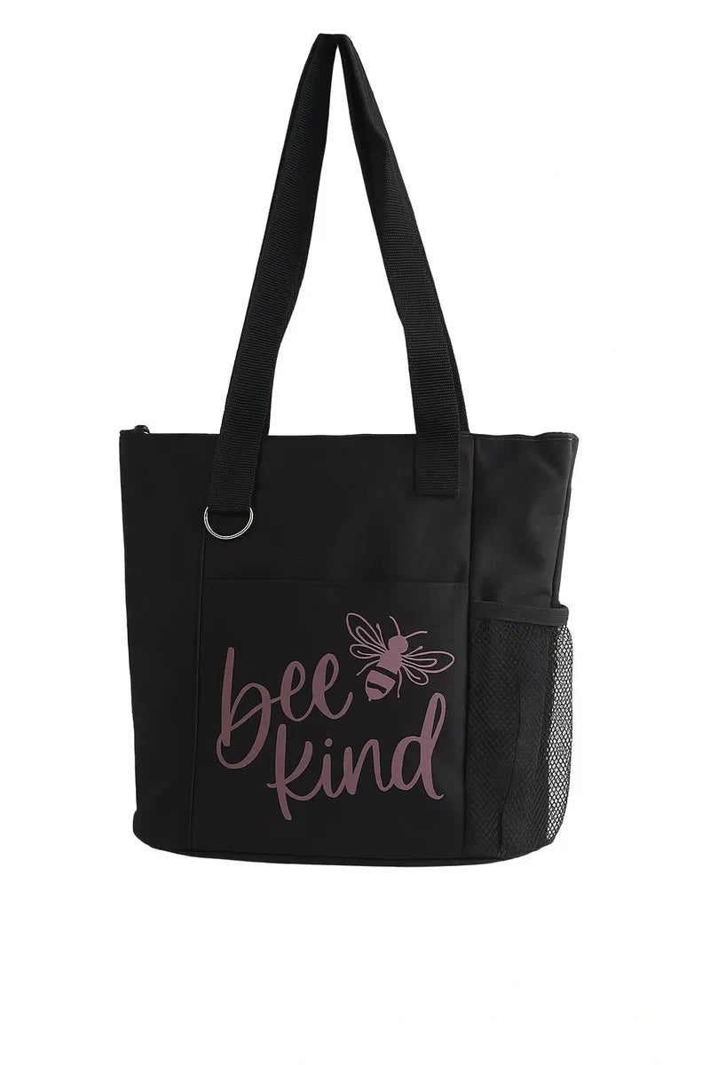 Black tote bag featuring a pink Be Kind inspirational quote design. Reusable shoulder tote bag for shopping, work, school, travel, books, groceries, and everyday errands. Lightweight and durable carryall with comfortable handles, positive message, and minimalist style. Great gift for teachers, students, friends, moms, and anyone who loves kindness and encouragement.