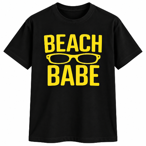 A black short-sleeve crewneck t-shirt featuring a bold yellow graphic print that reads 'BEACH BABE' with a pair of yellow sunglasses in the center, displayed on a clean white background.