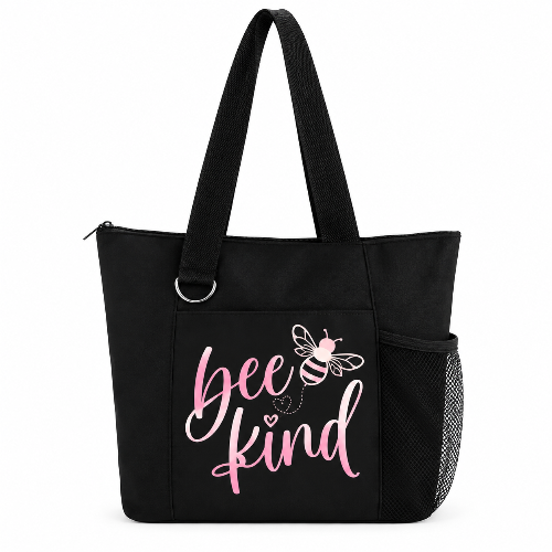 Black Bee Kind tote bag with pink bee graphic, inspirational lettering, shoulder straps and side mesh pocket.
