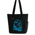 Black tote bag with bold blue graphic design, reusable shoulder tote bag for shopping, travel, work, school, books, groceries, and everyday essentials