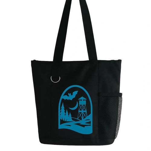 Black tote bag with bold blue graphic design, reusable shoulder tote bag for shopping, travel, work, school, books, groceries, and everyday essentials
