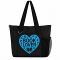 Black Book Lover tote bag with blue heart, book graphic, shoulder straps and side mesh pocket